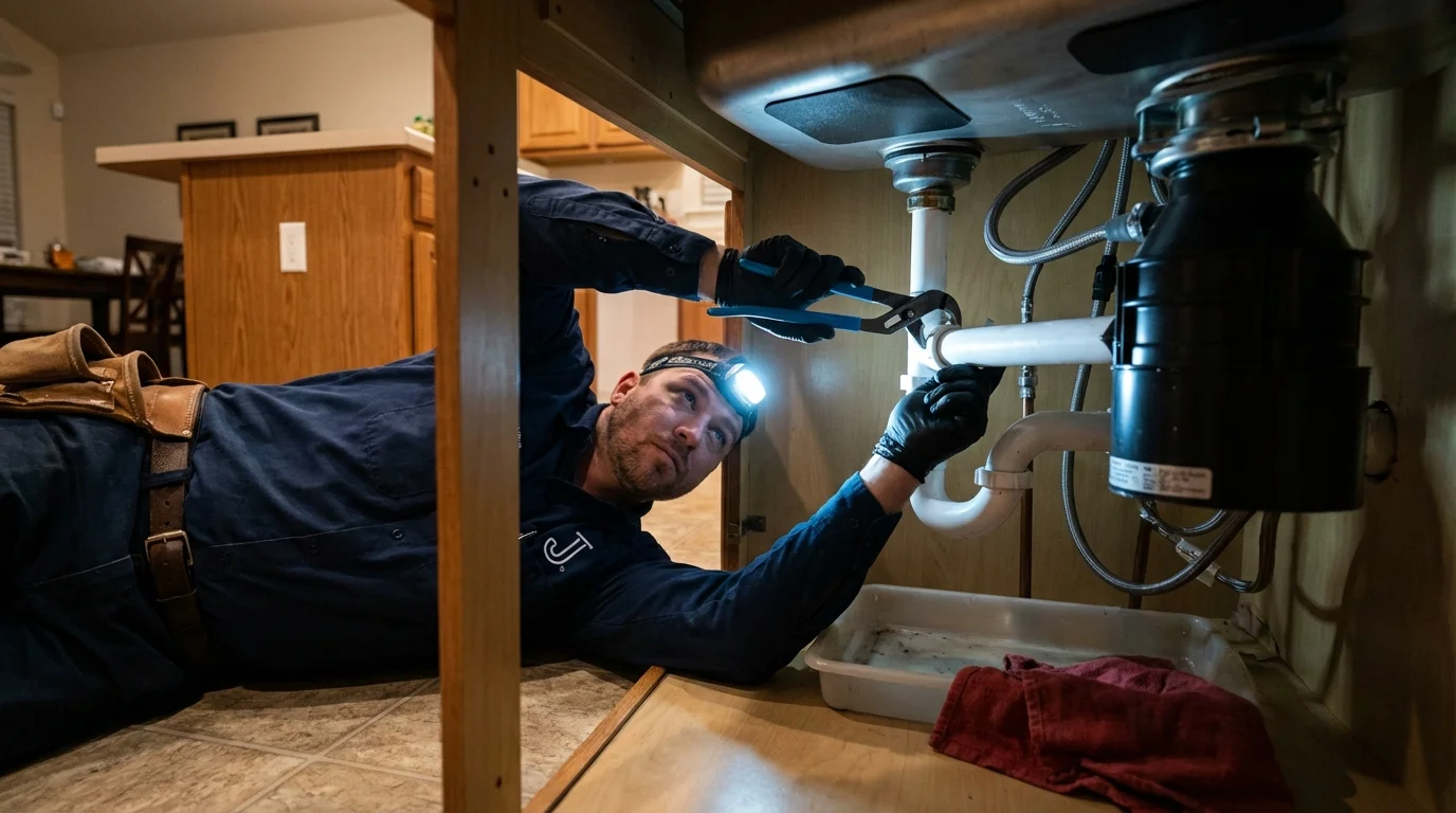 P-trap and supply line connections under a kitchen sink showing a common leak point in Sparta, TN